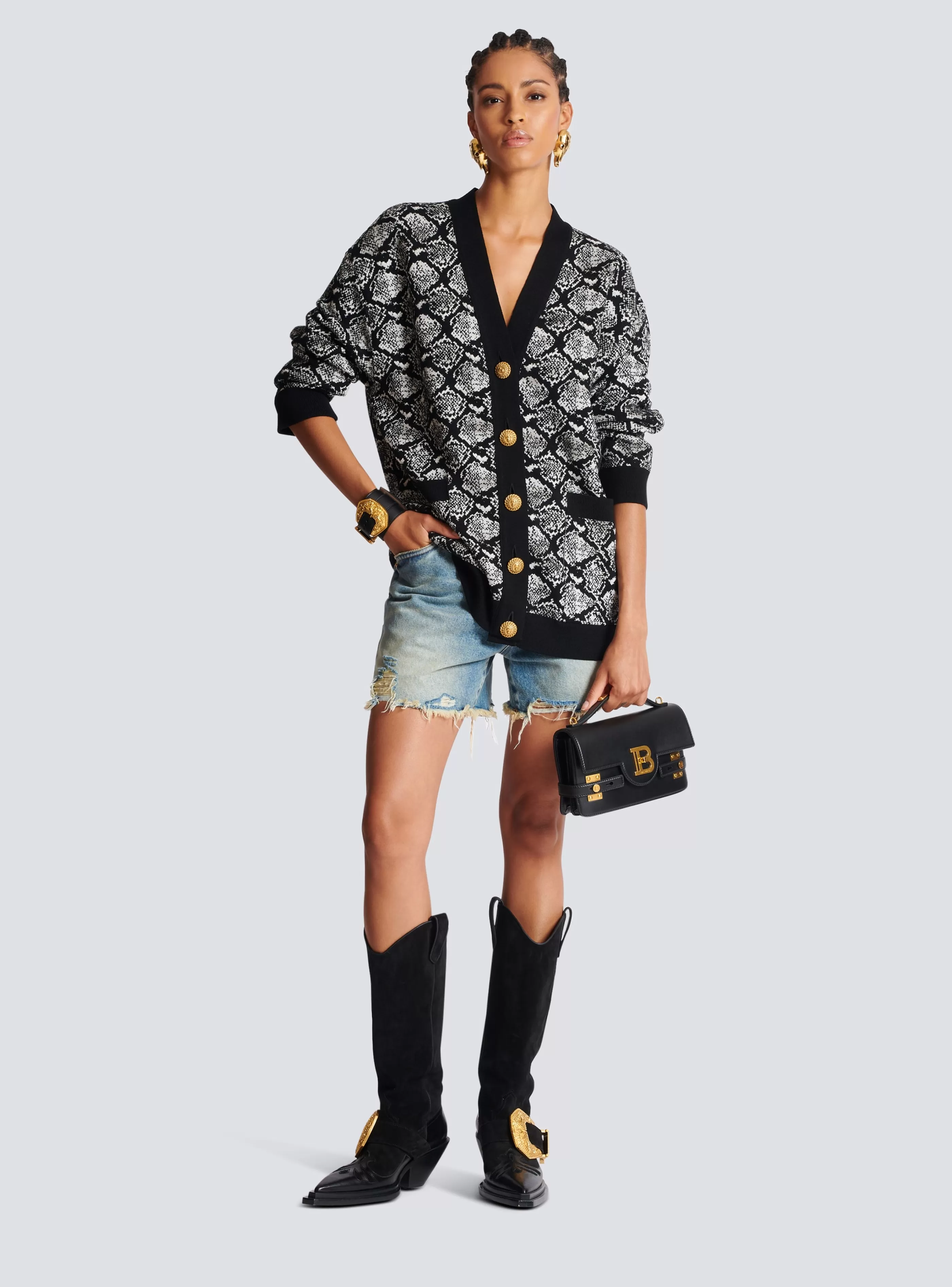 Balmain Maglieria-Snakeskin Jacquard Knit Cardigan black