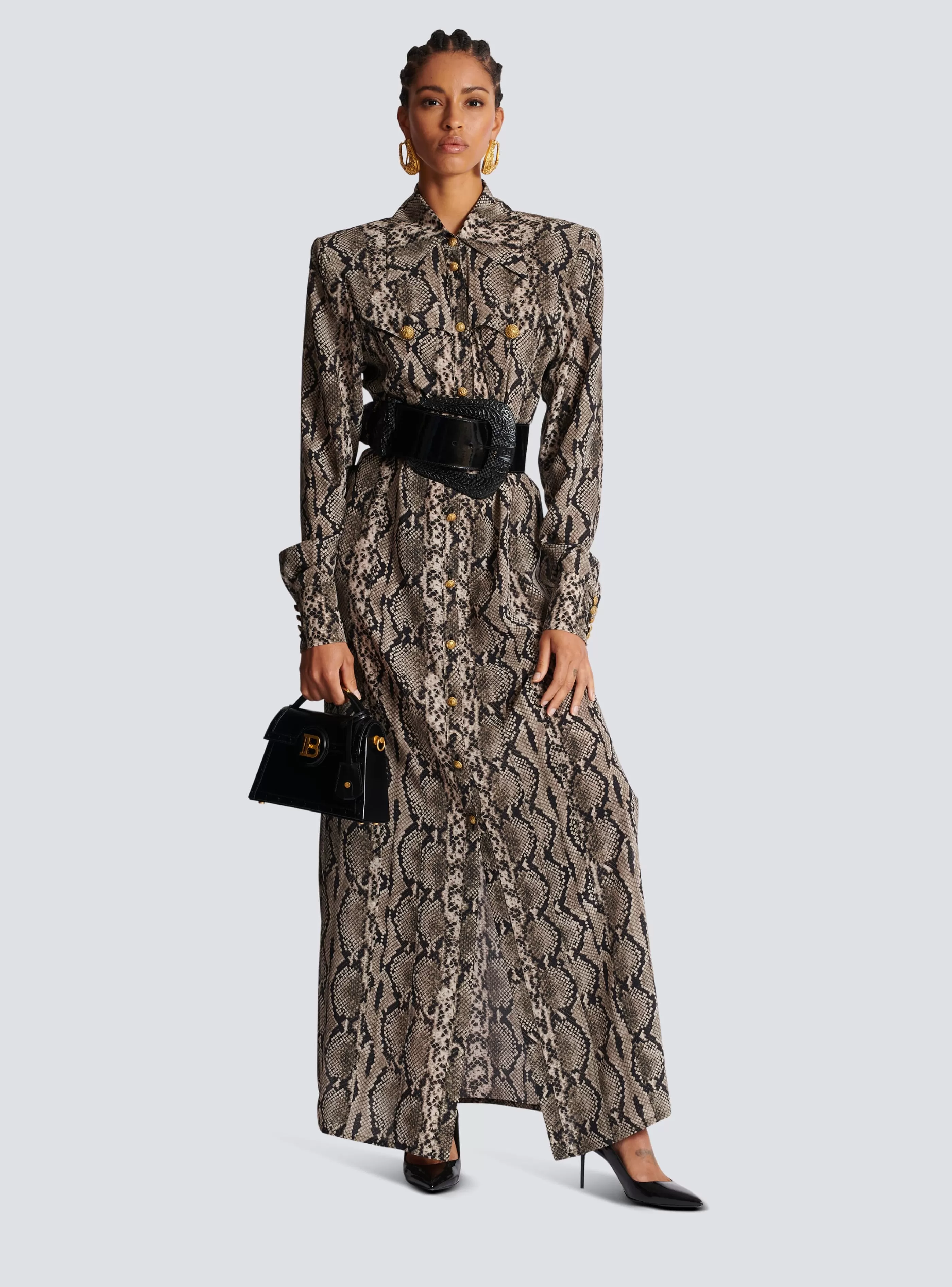 Balmain Abiti-Snakeskin Silk Shirt Dress brown