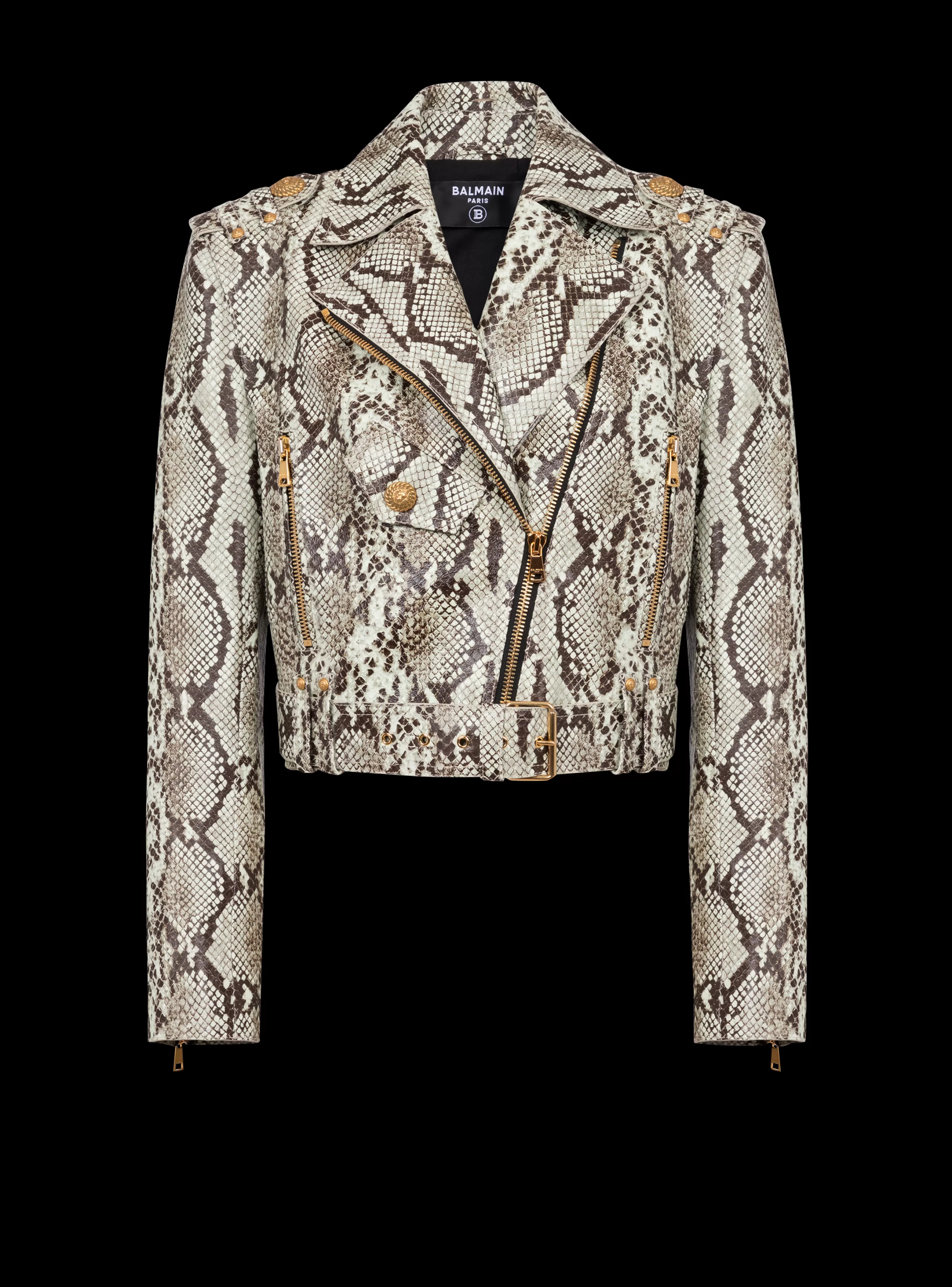 Balmain Capispalla-Snakeskin-effect Leather Biker Jacket brown