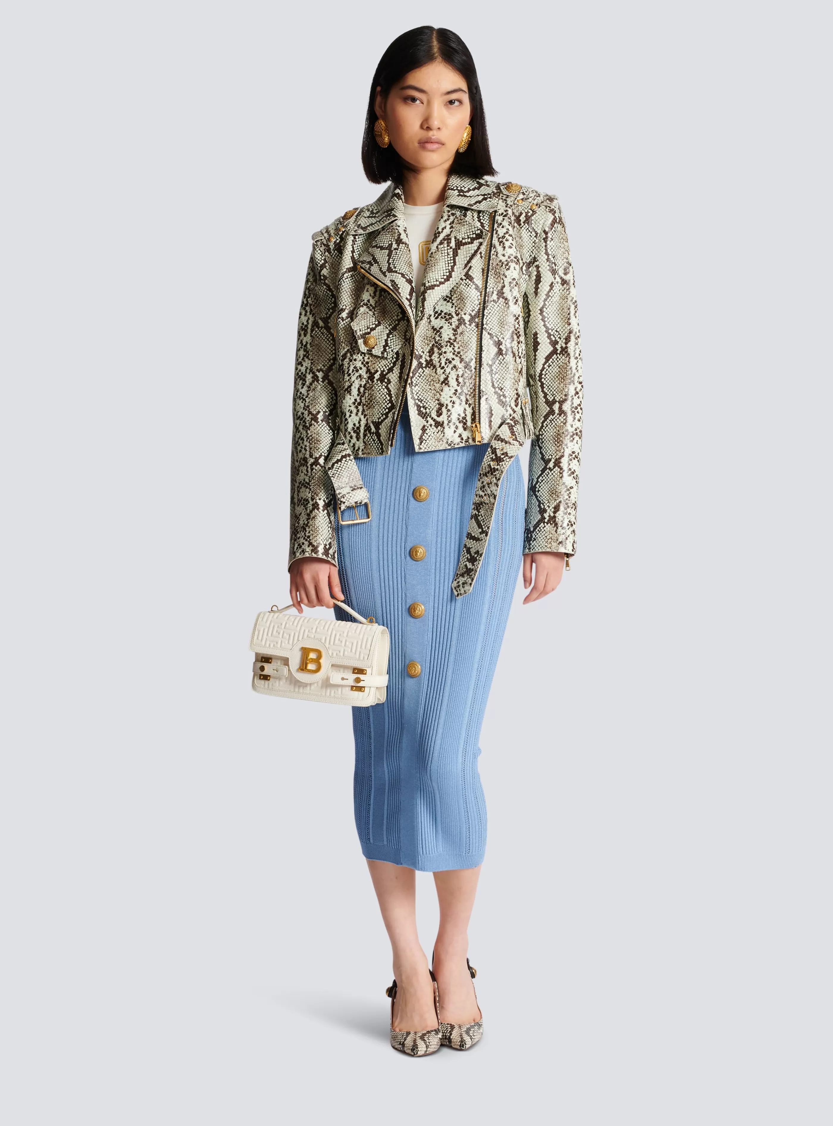 Balmain Capispalla-Snakeskin-effect Leather Biker Jacket brown