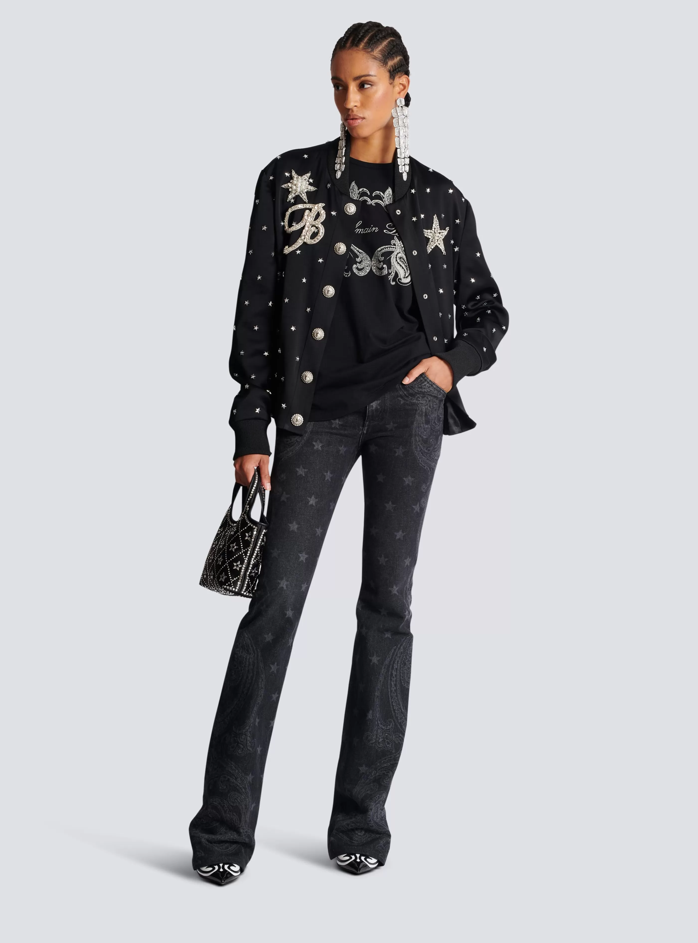 Balmain Denim-Star And Paisley Print Denim Jeans black