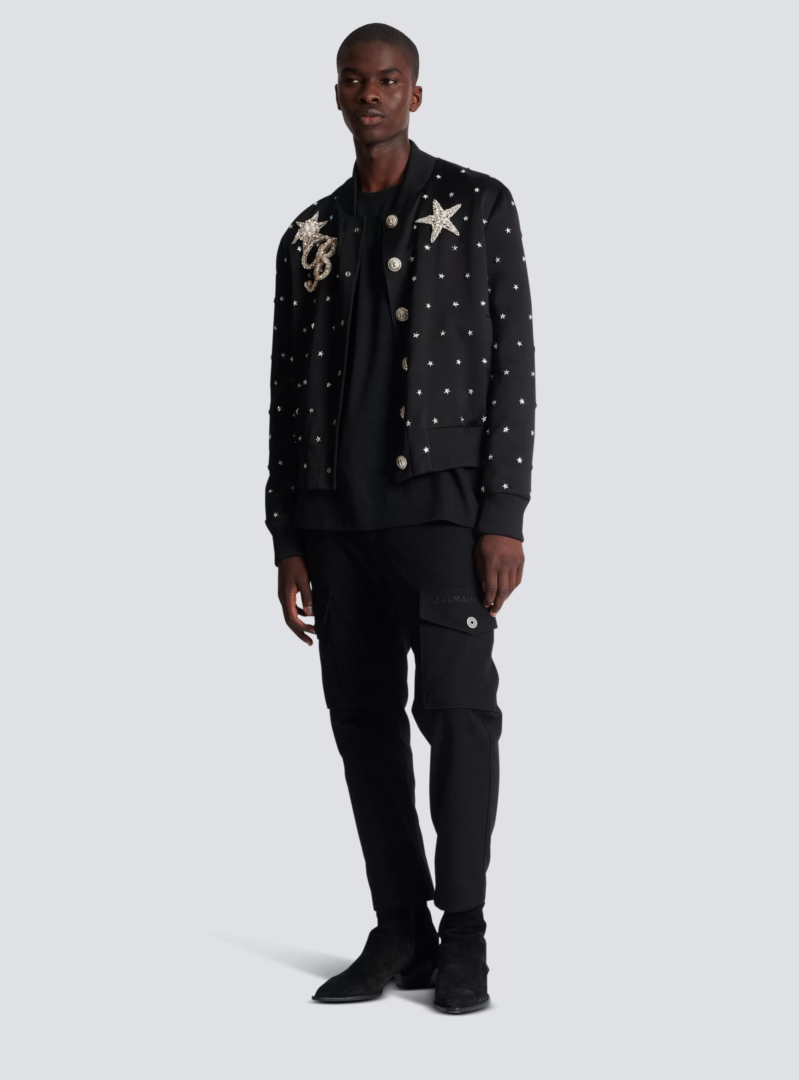 Balmain Capispalla-Stars Embroidered Bomber Jacket black