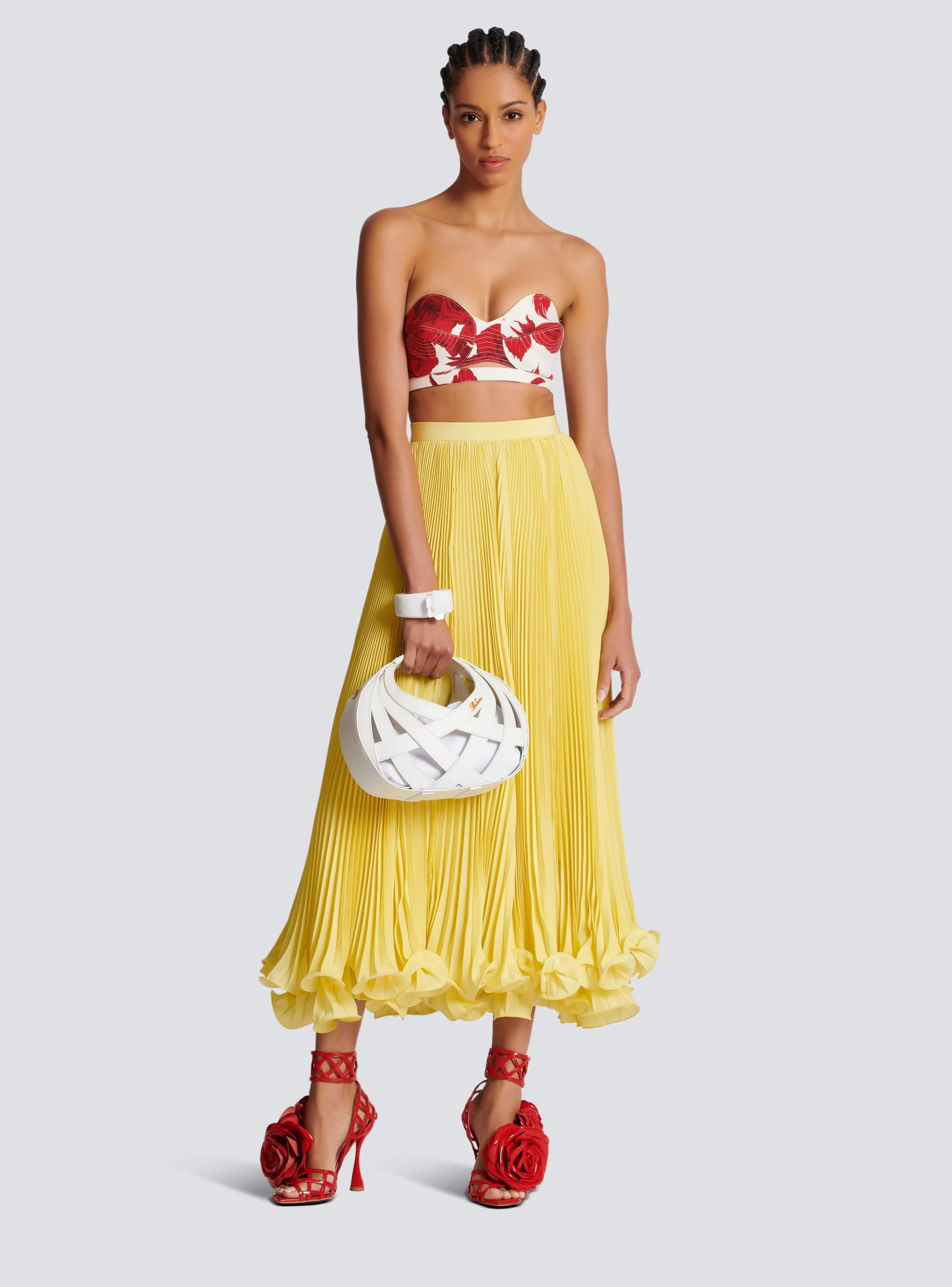 Balmain Top E Camicie-Strapless Crop Top With Roses Print red