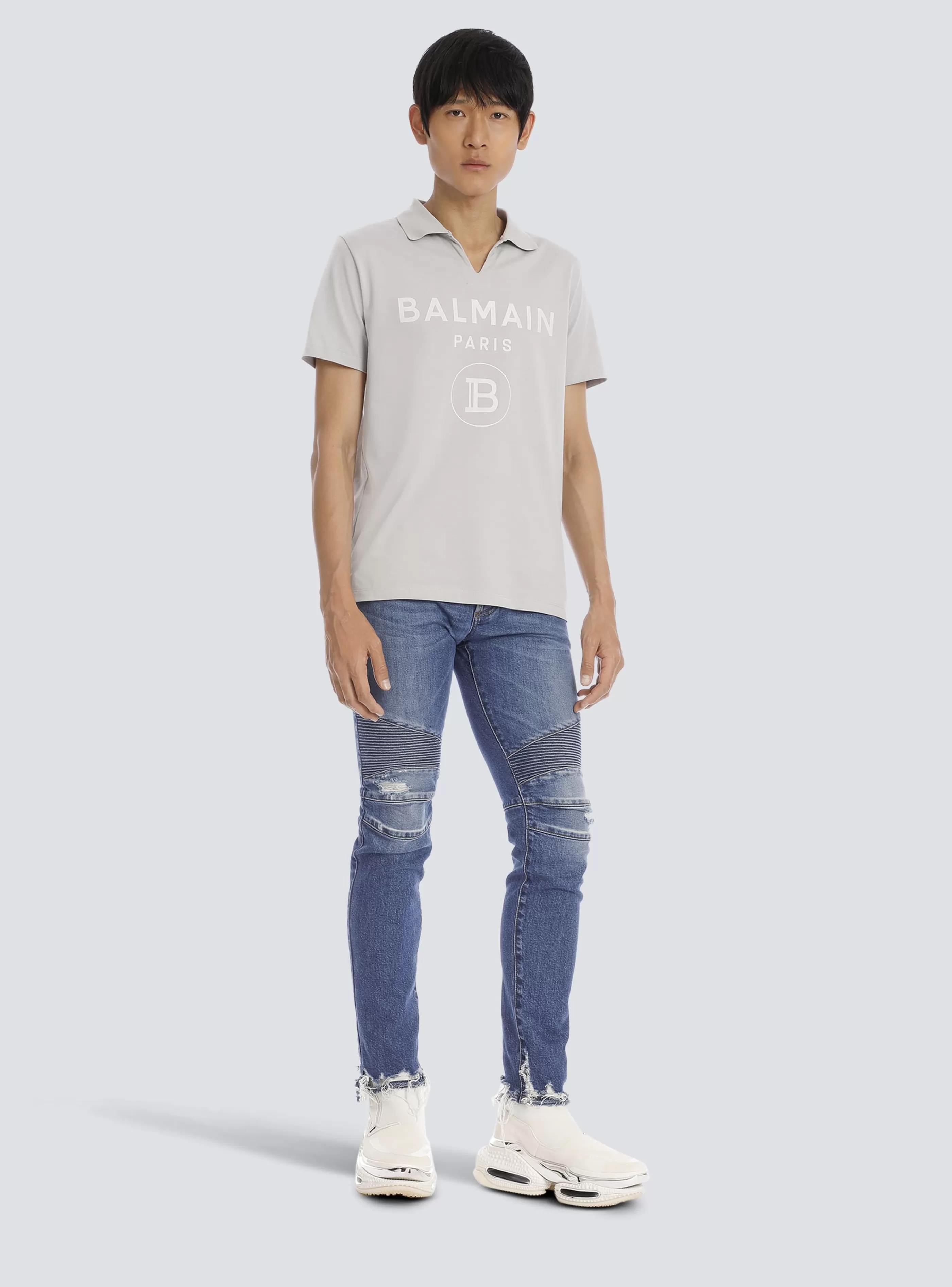 Balmain Denim-Tapered Ripped Cotton Jeans blue