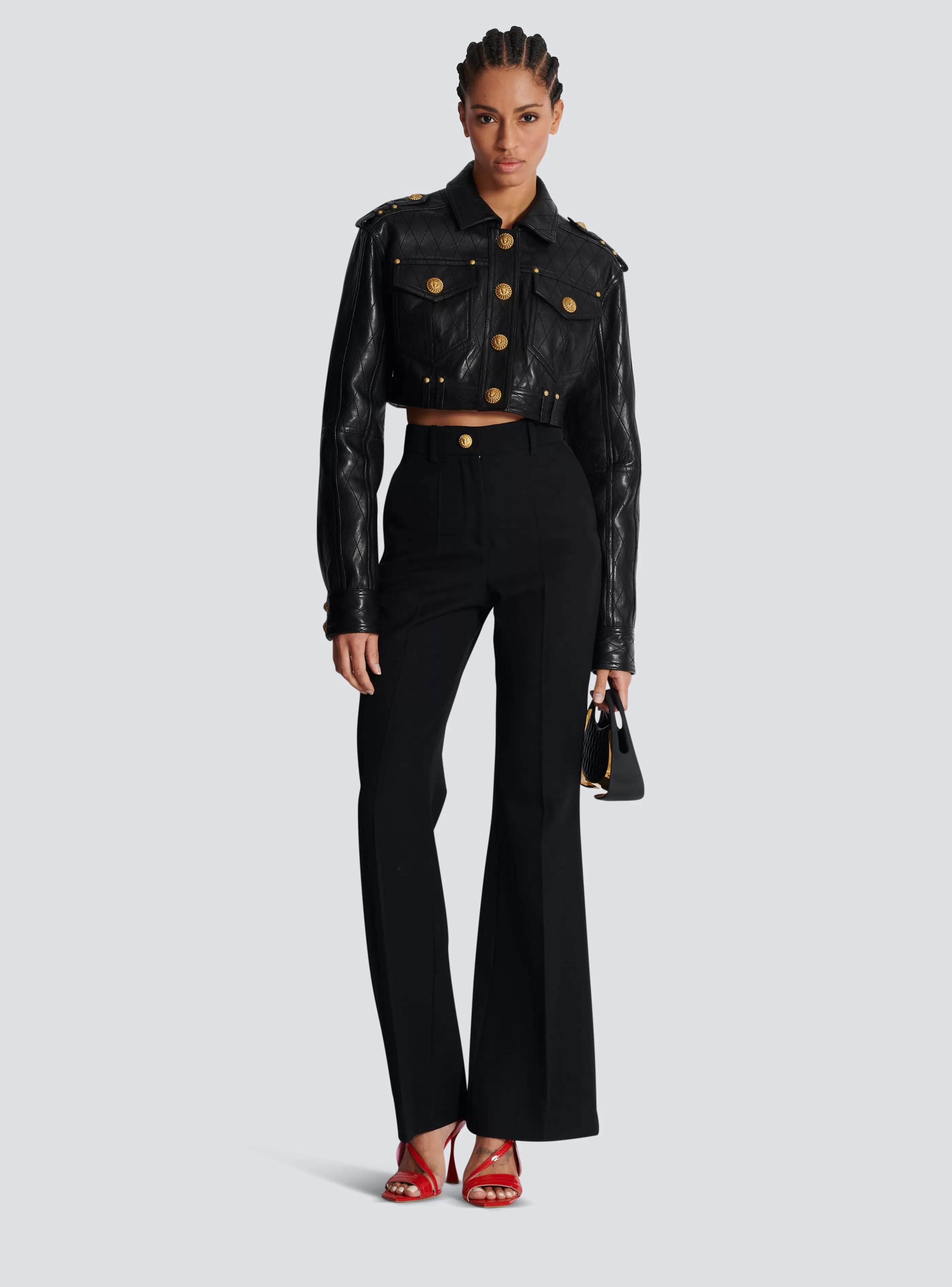 Balmain Capispalla-Topstitched Cropped Leather Jacket black