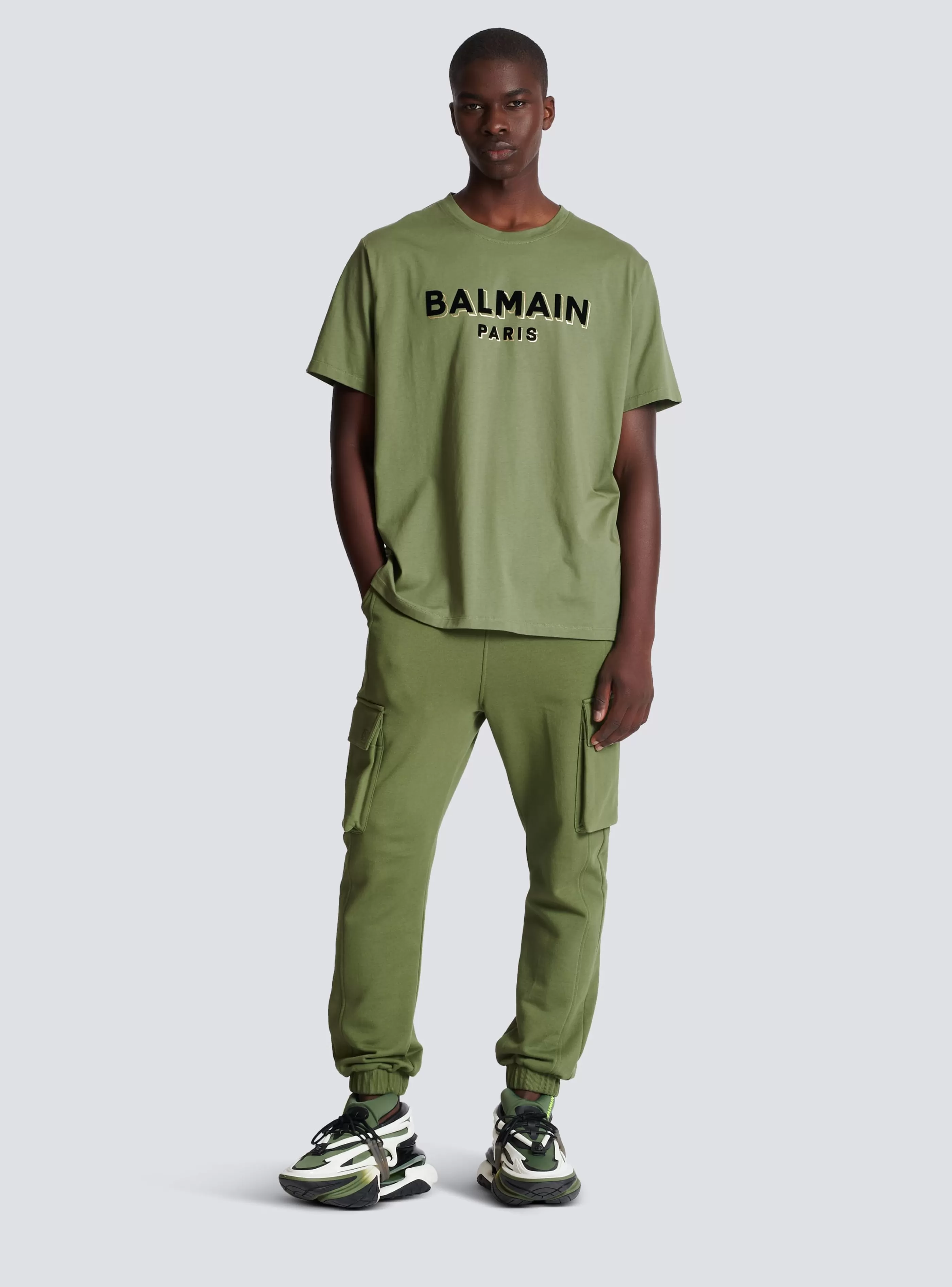 Balmain Abbigliamento Sportivo | T-Shirts-T-shirt With Flocked Paris Logo khaki