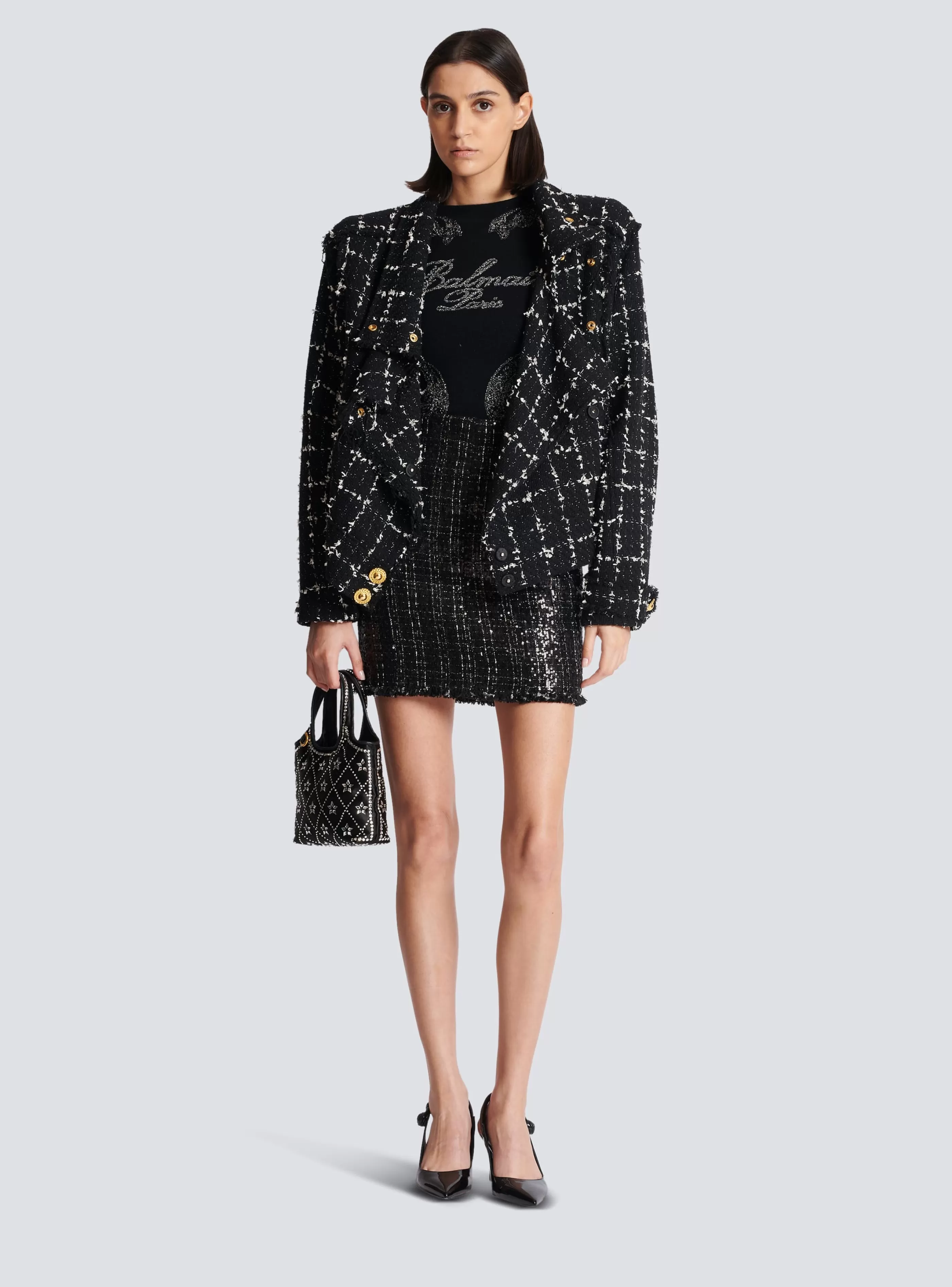 Balmain Capispalla-Tweed Bomber Jacket black