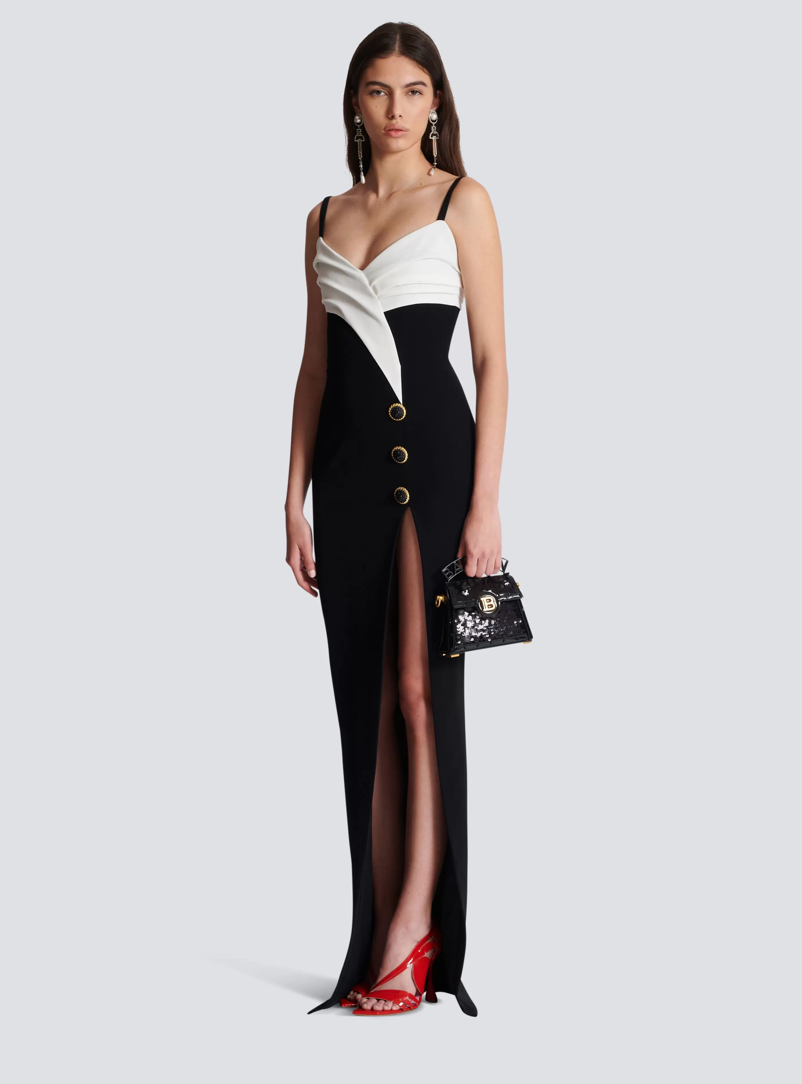 Balmain Abiti-Two-tone Long Crepe Dress With Leg Slit black