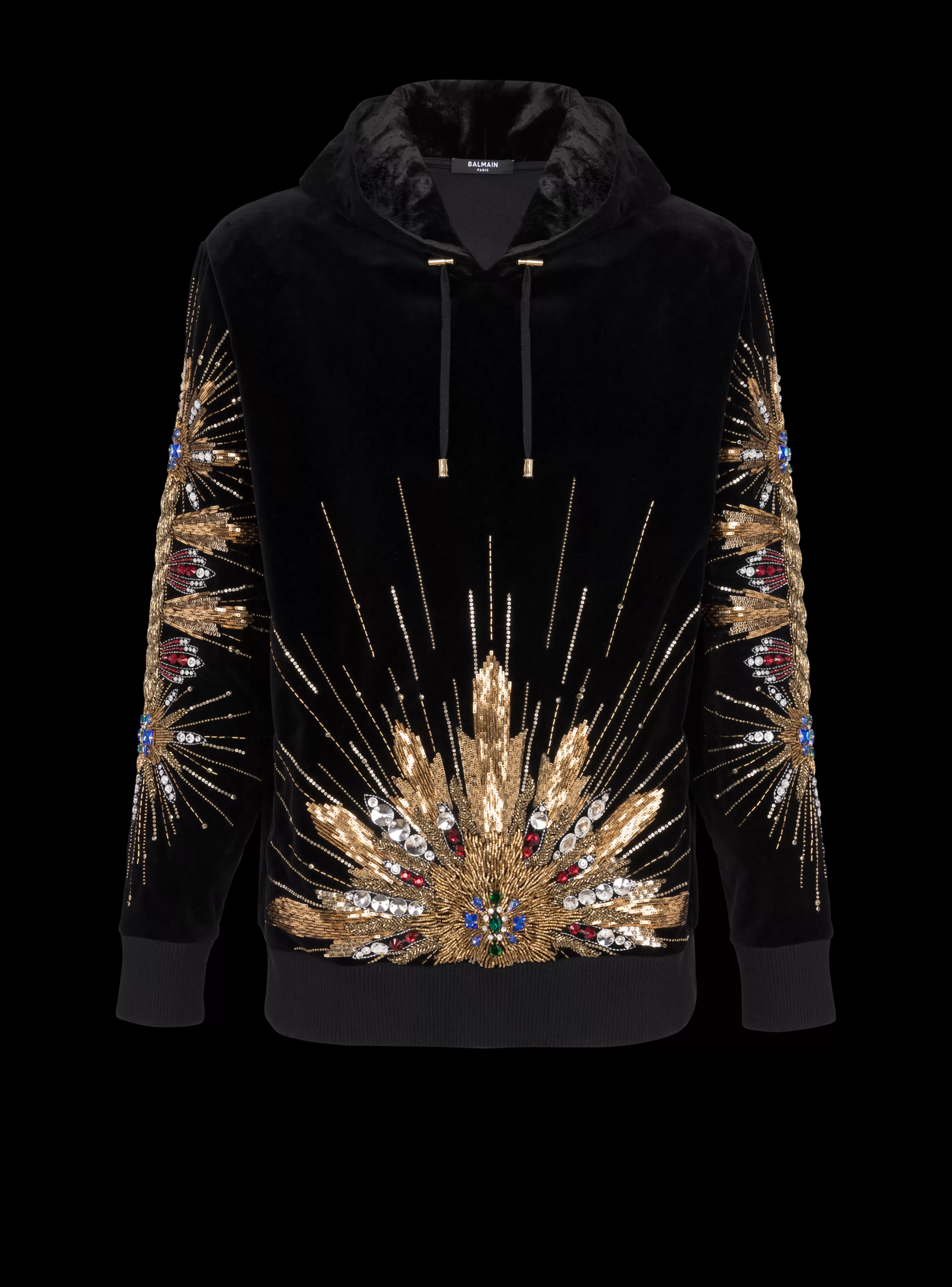 Balmain Felpe-Velvet Hooded Sweatshirt With Embroidery black