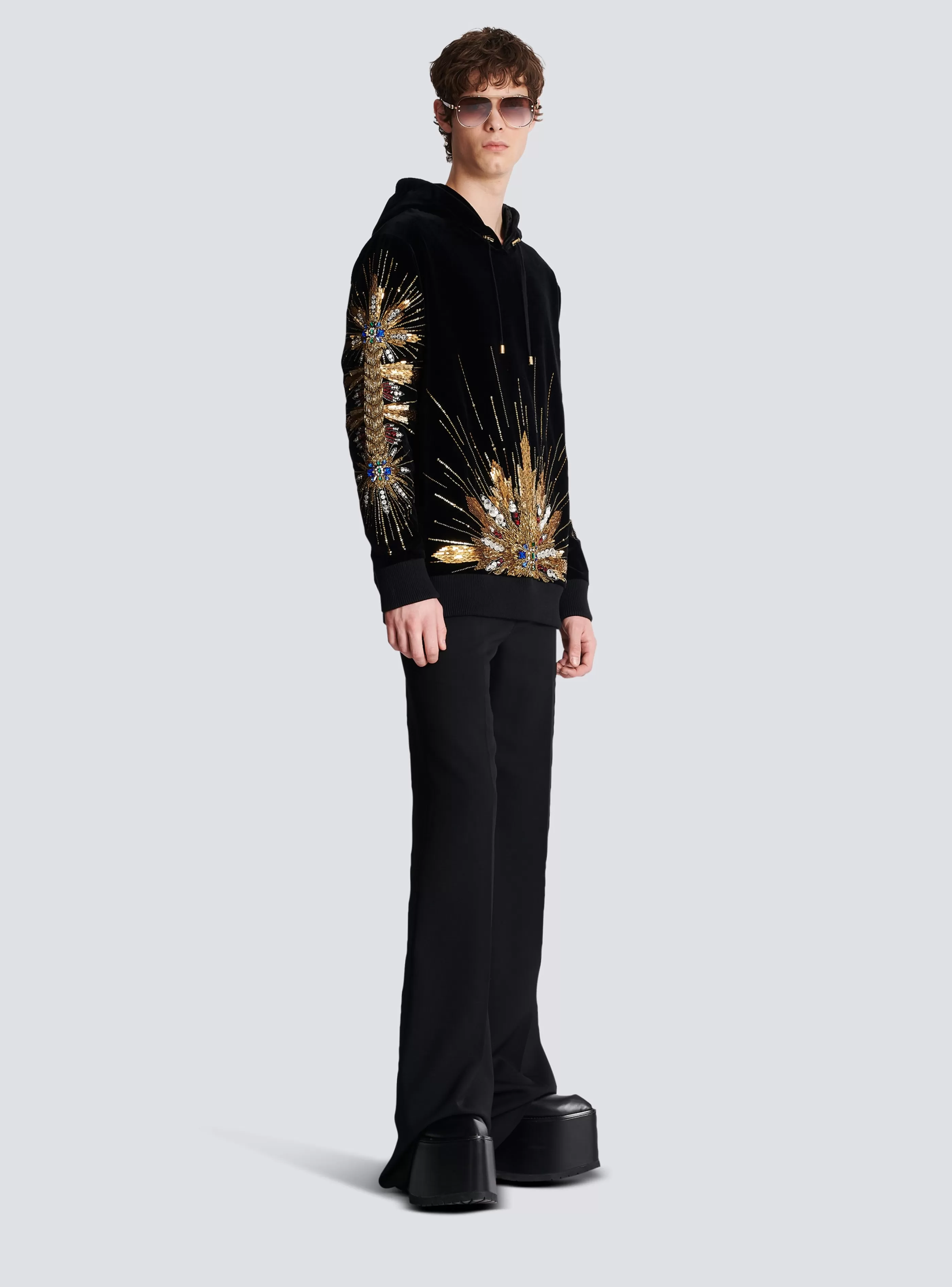 Balmain Felpe-Velvet Hooded Sweatshirt With Embroidery black