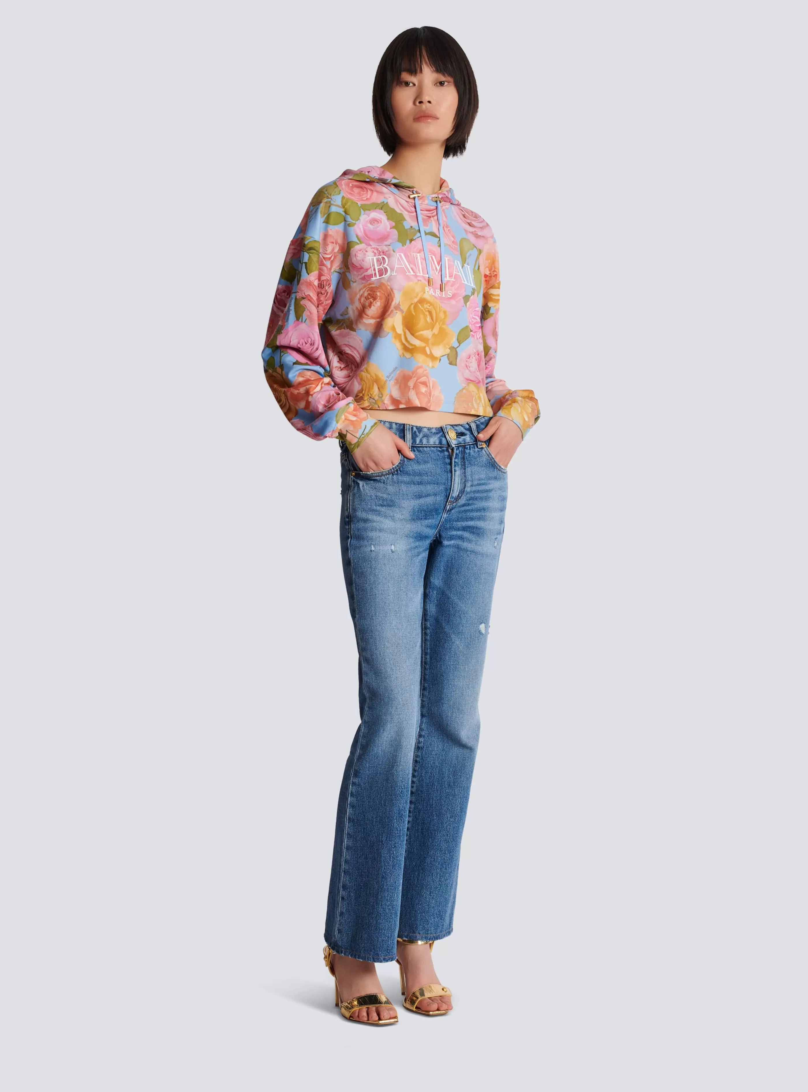 Balmain Felpe-Vintage Hoodie With Pastel Roses Print multicolor