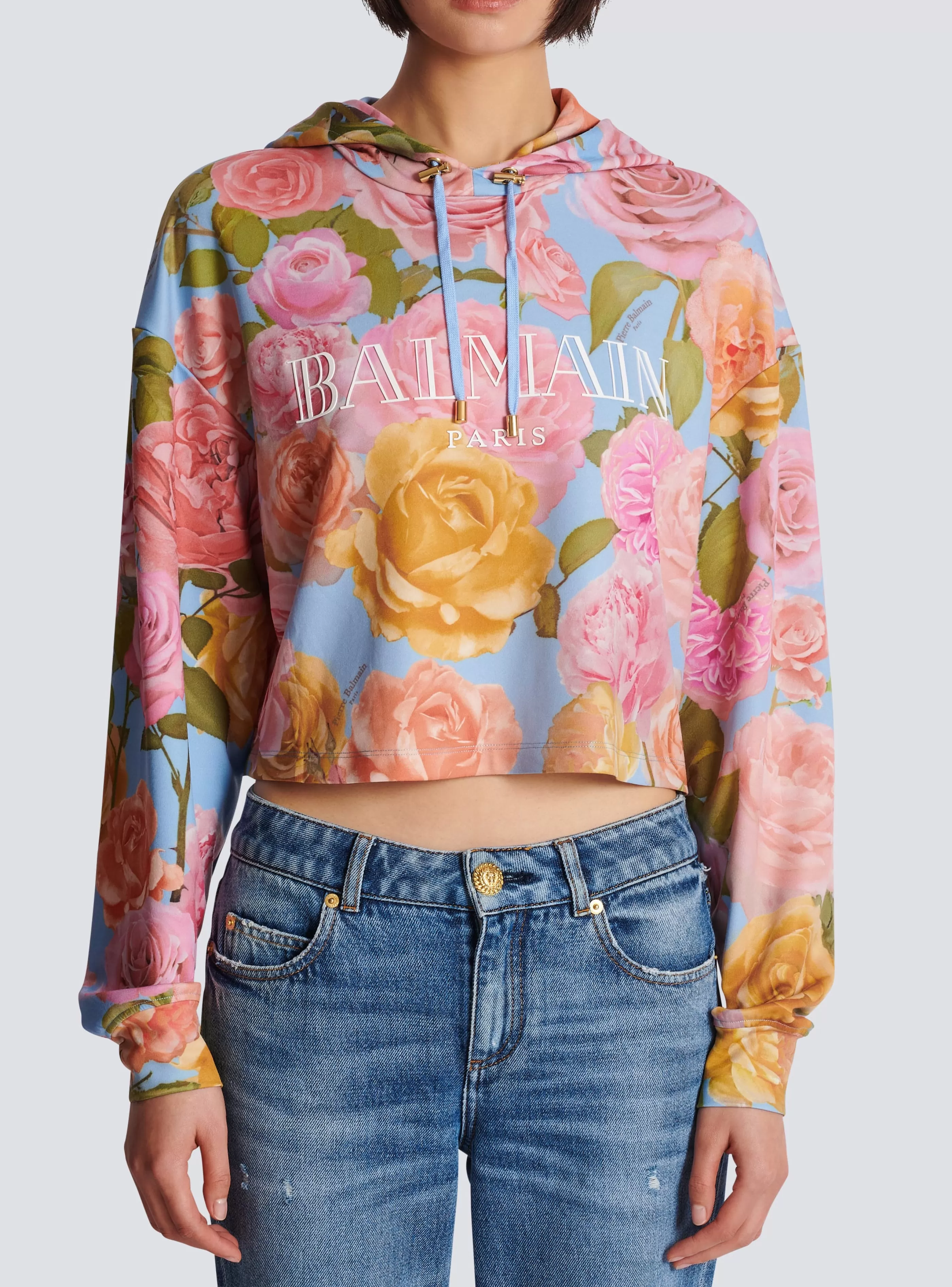 Balmain Felpe-Vintage Hoodie With Pastel Roses Print multicolor