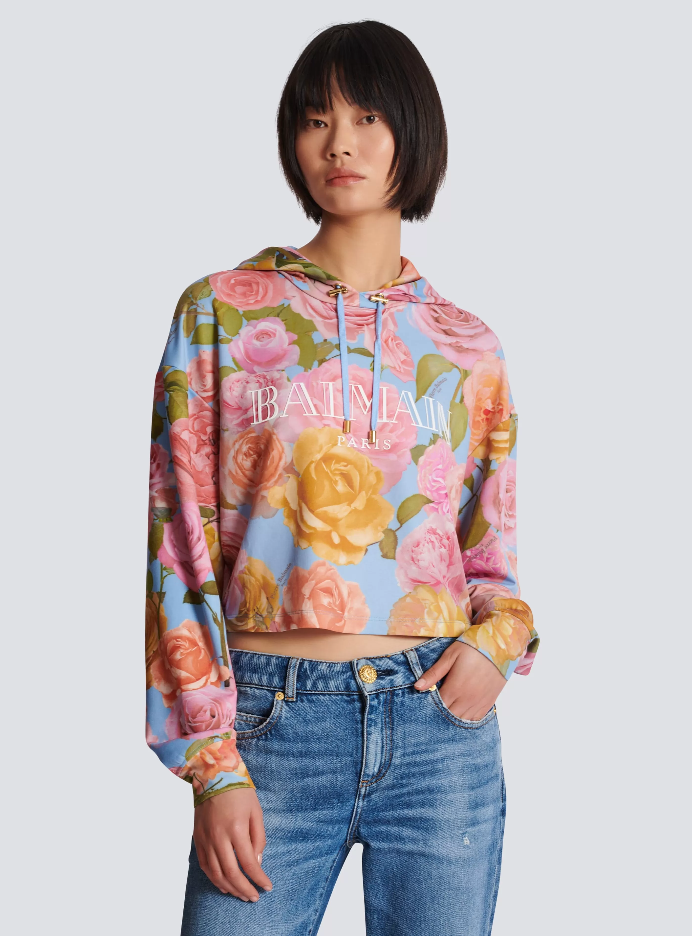 Balmain Felpe-Vintage Hoodie With Pastel Roses Print multicolor