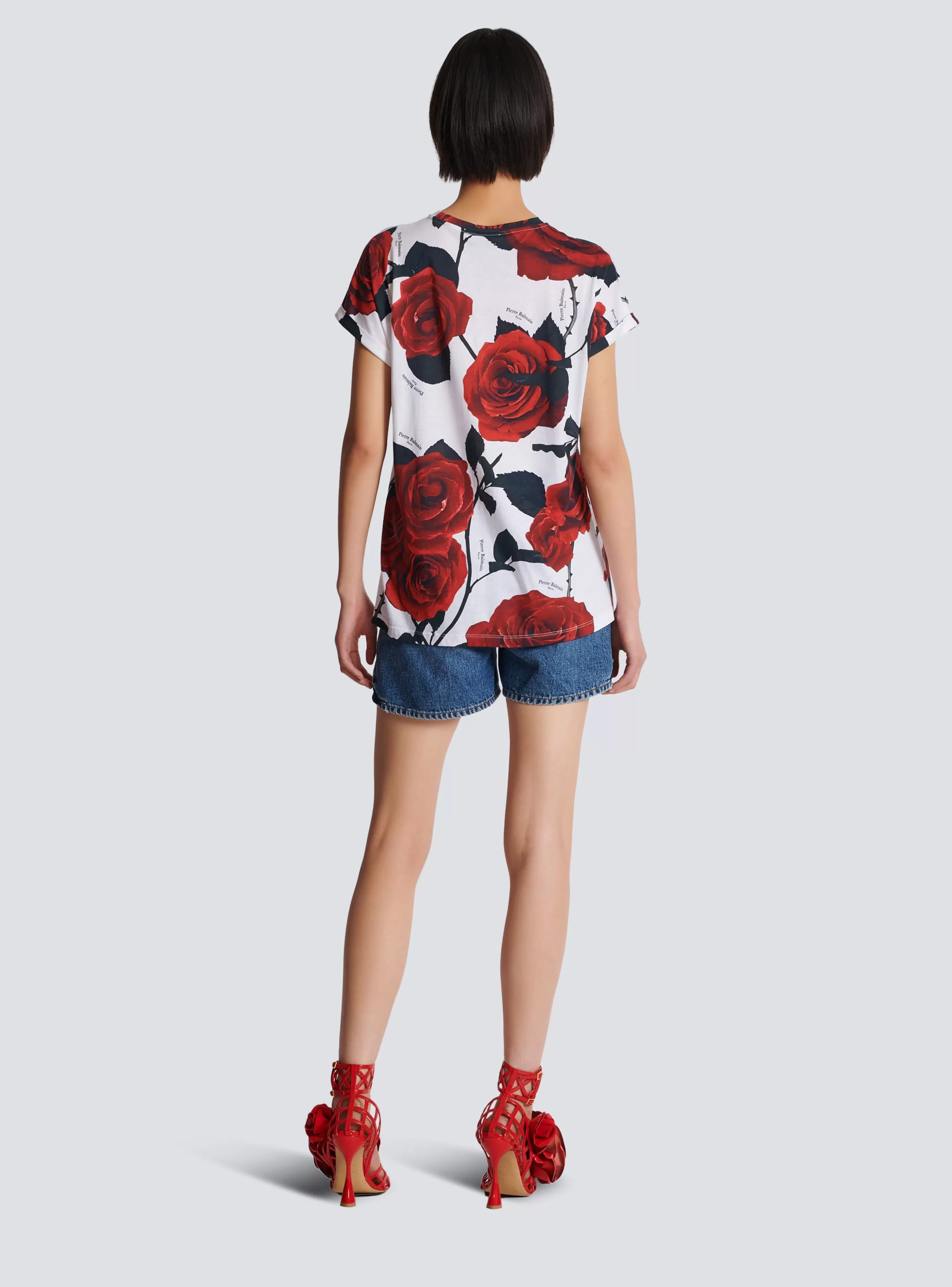 Balmain T-Shirt-Vintage T-shirt With Roses Print red