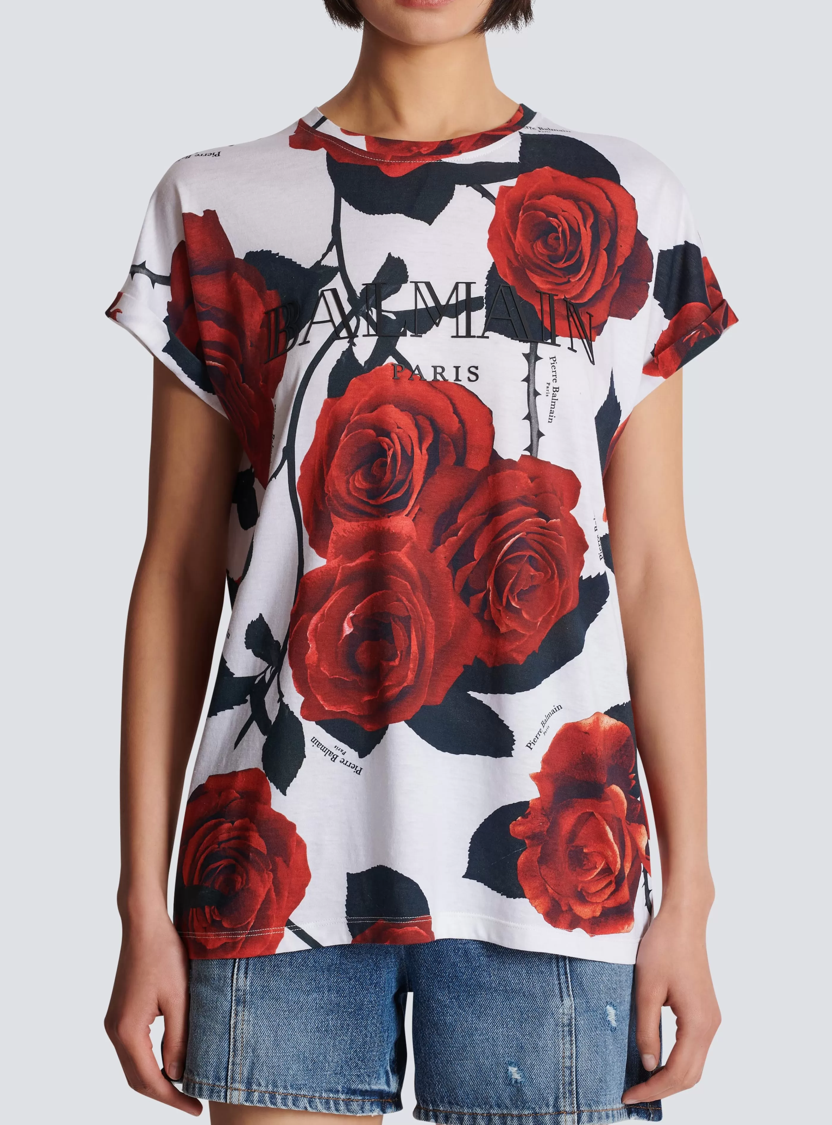 Balmain T-Shirt-Vintage T-shirt With Roses Print red
