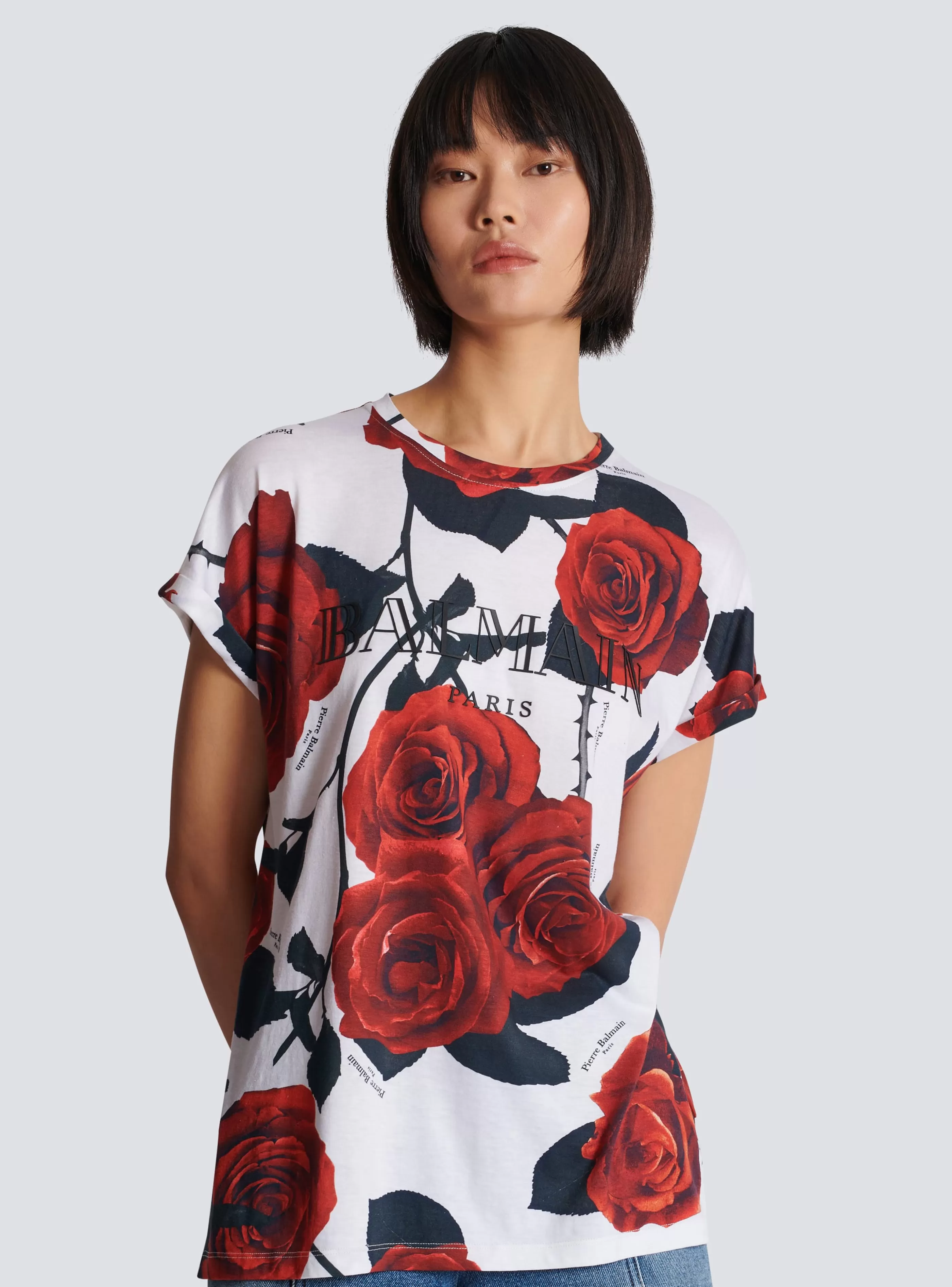 Balmain T-Shirt-Vintage T-shirt With Roses Print red