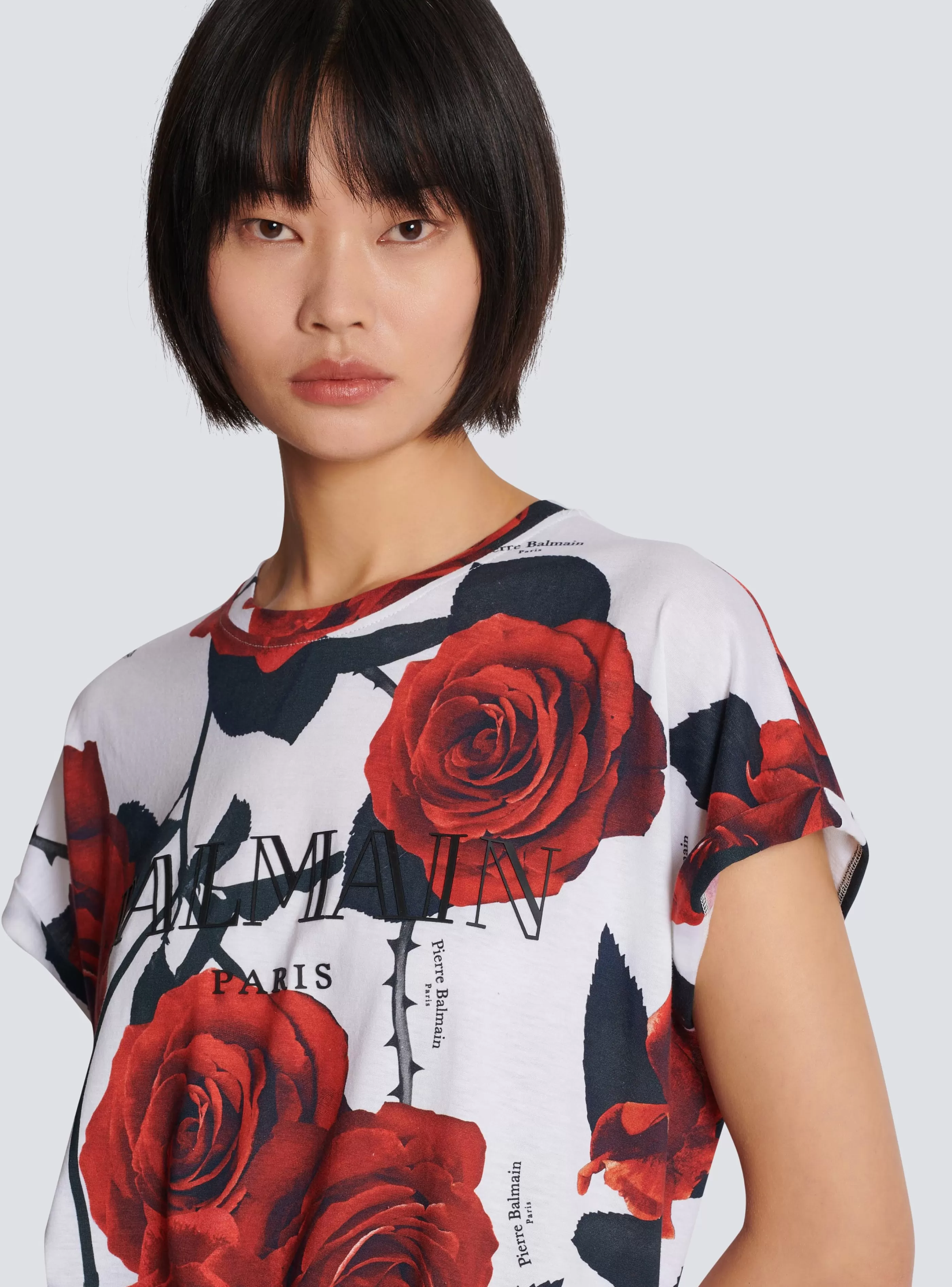 Balmain T-Shirt-Vintage T-shirt With Roses Print red