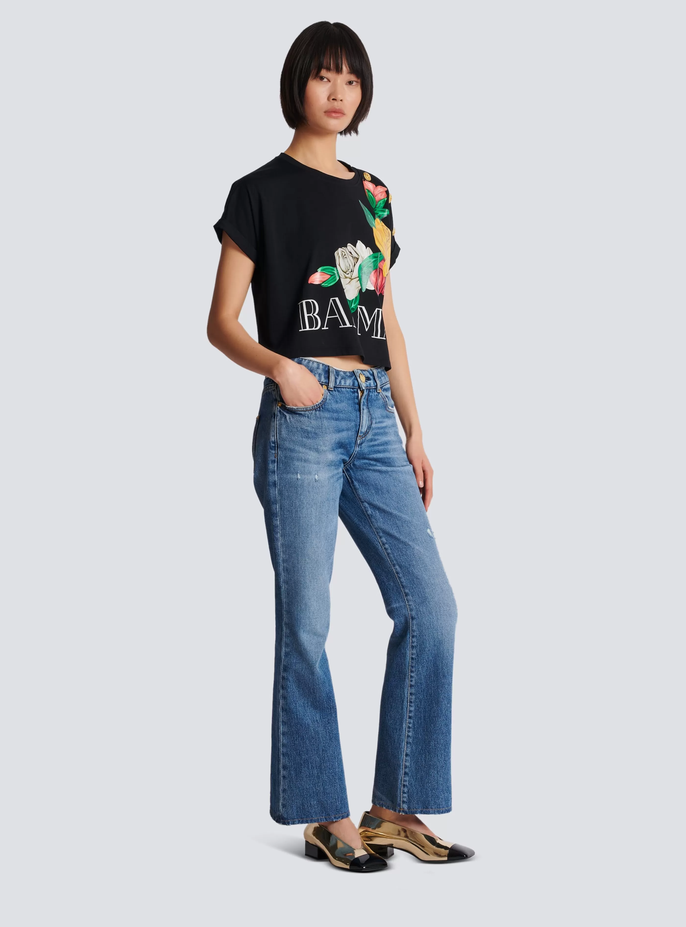 Balmain T-Shirt-Vintage T-shirt With Roses Print black