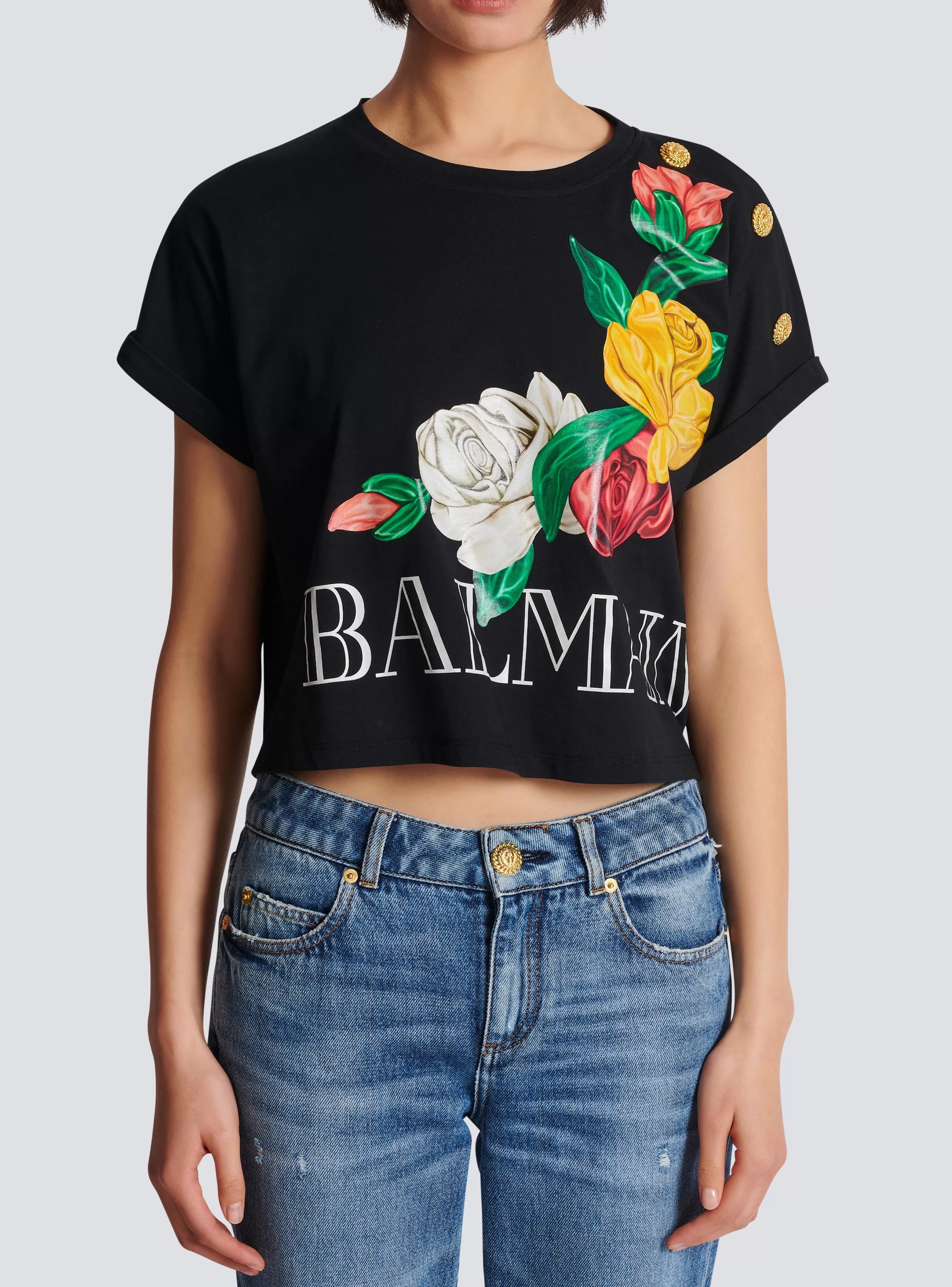 Balmain T-Shirt-Vintage T-shirt With Roses Print black