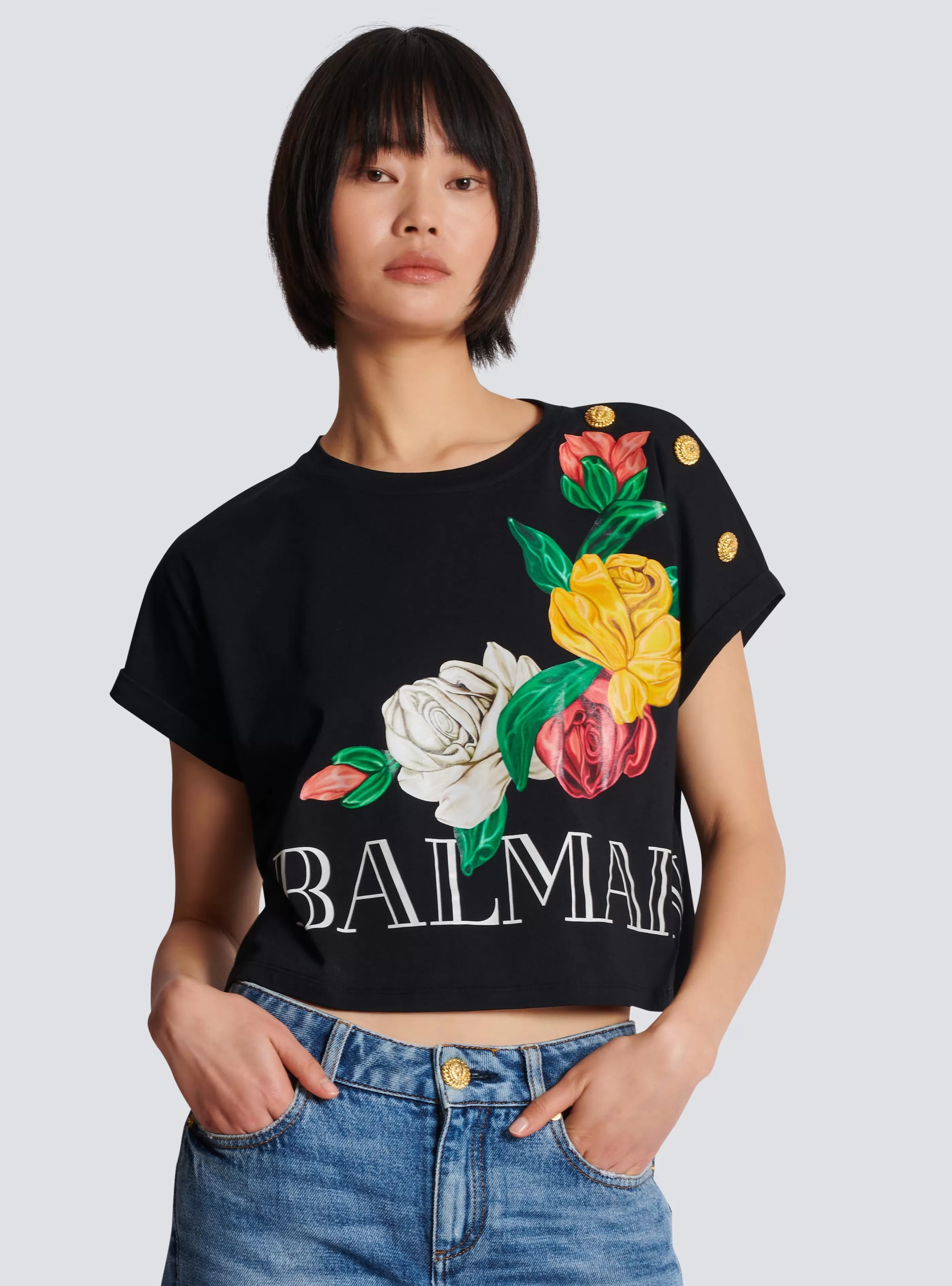 Balmain T-Shirt-Vintage T-shirt With Roses Print black
