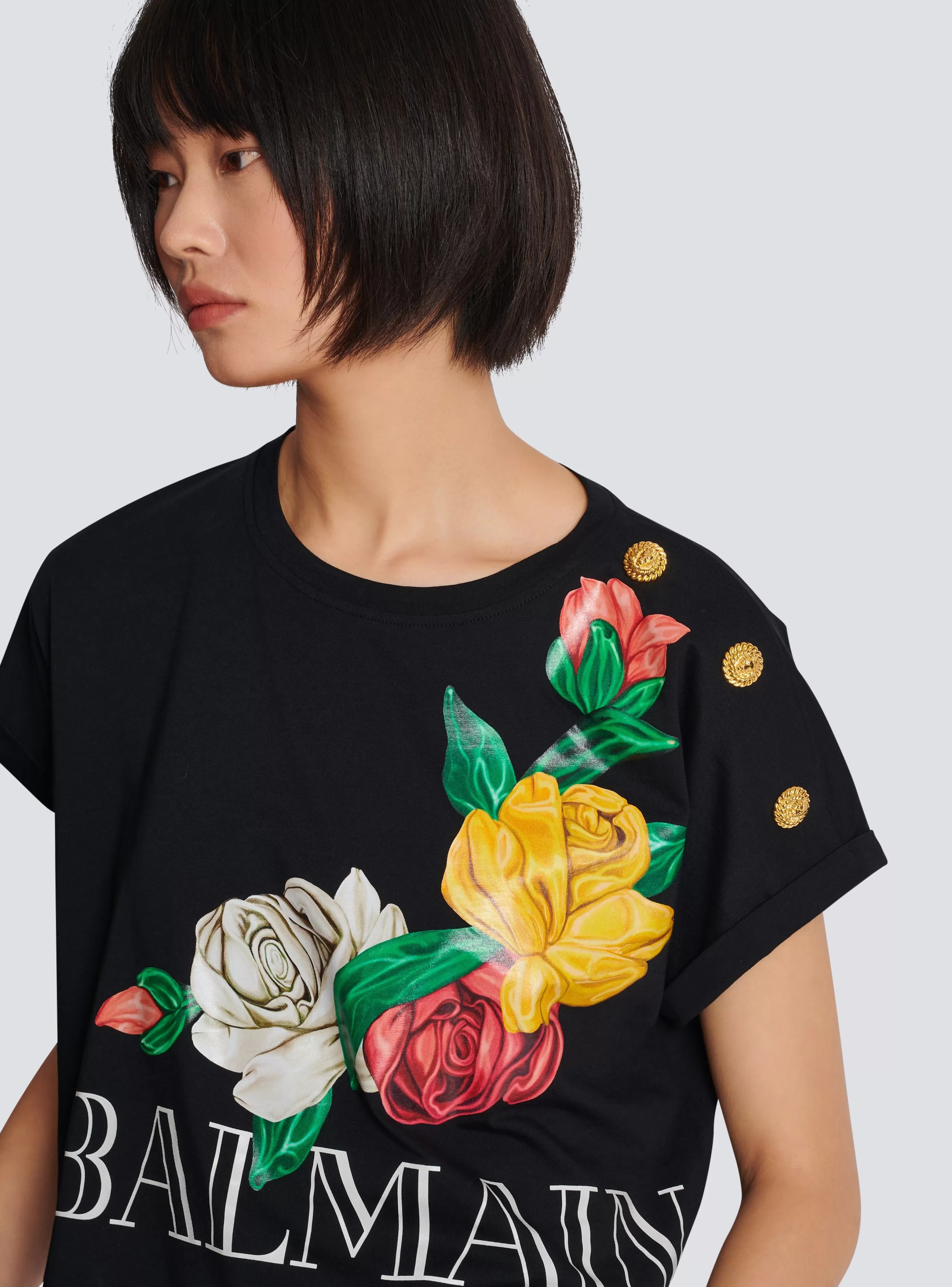 Balmain T-Shirt-Vintage T-shirt With Roses Print black