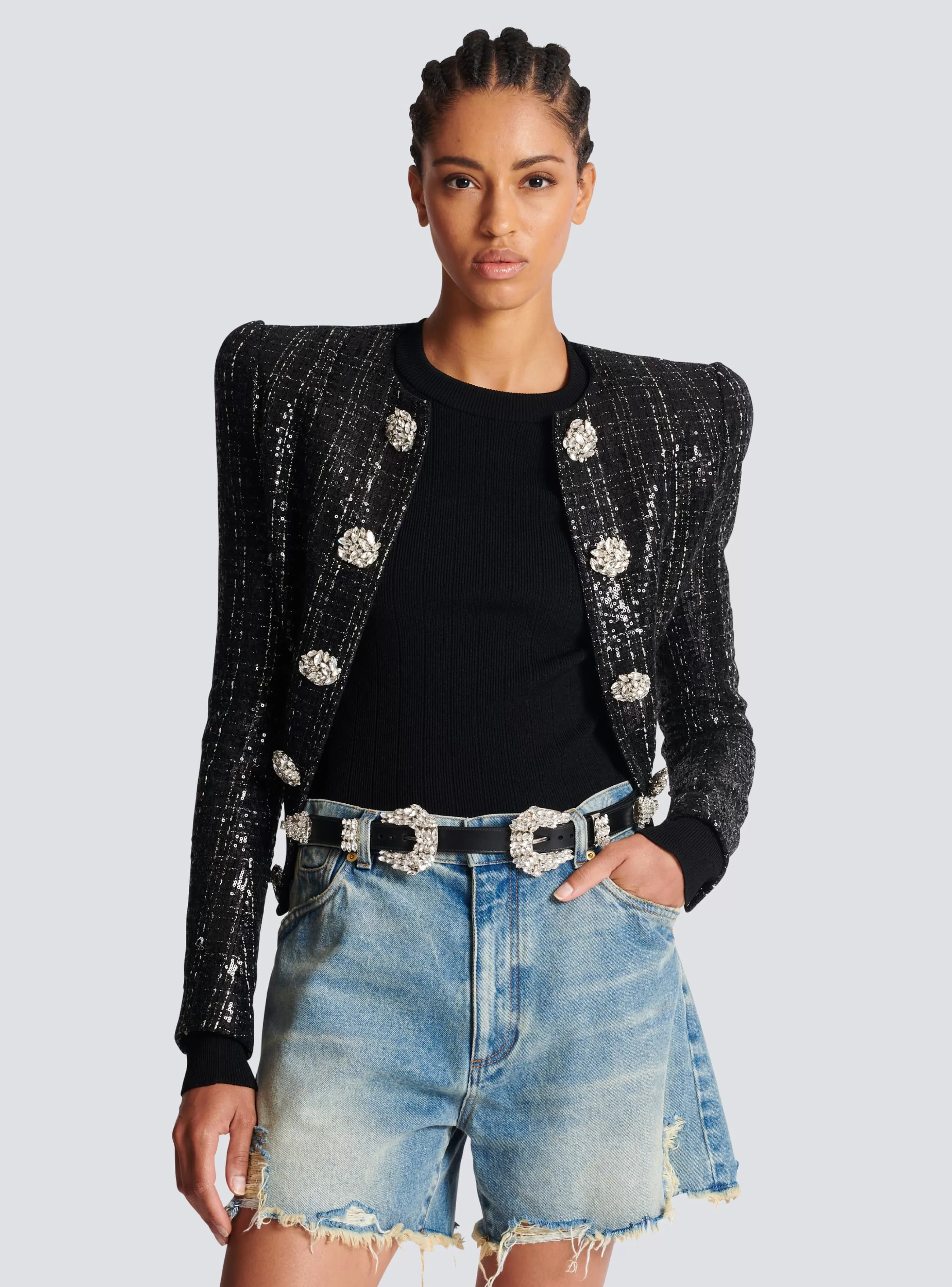 Balmain Cinture-Western Leather And Crystal Belt black