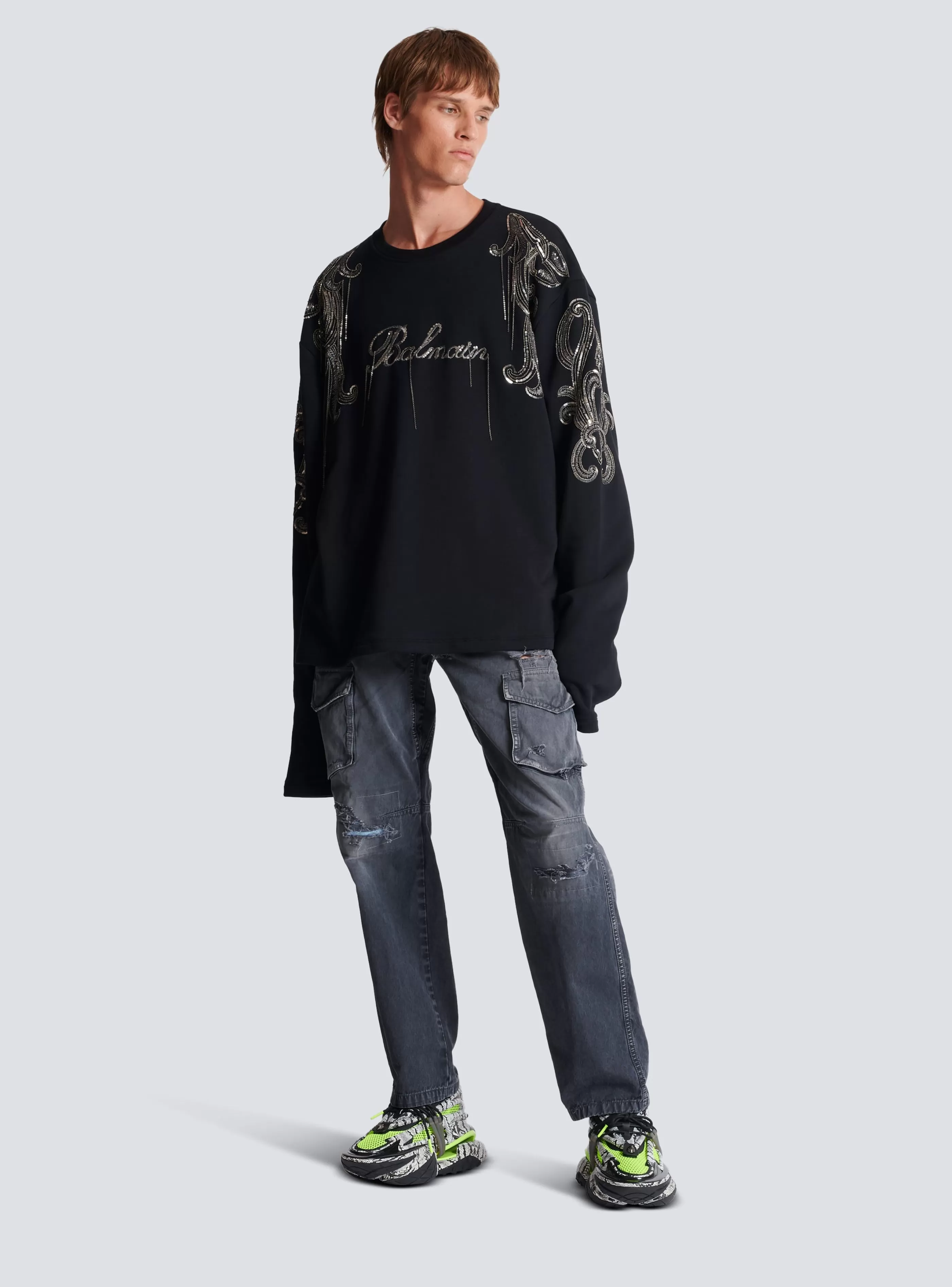 Balmain Denim-Worn-effect Cargo Trousers black