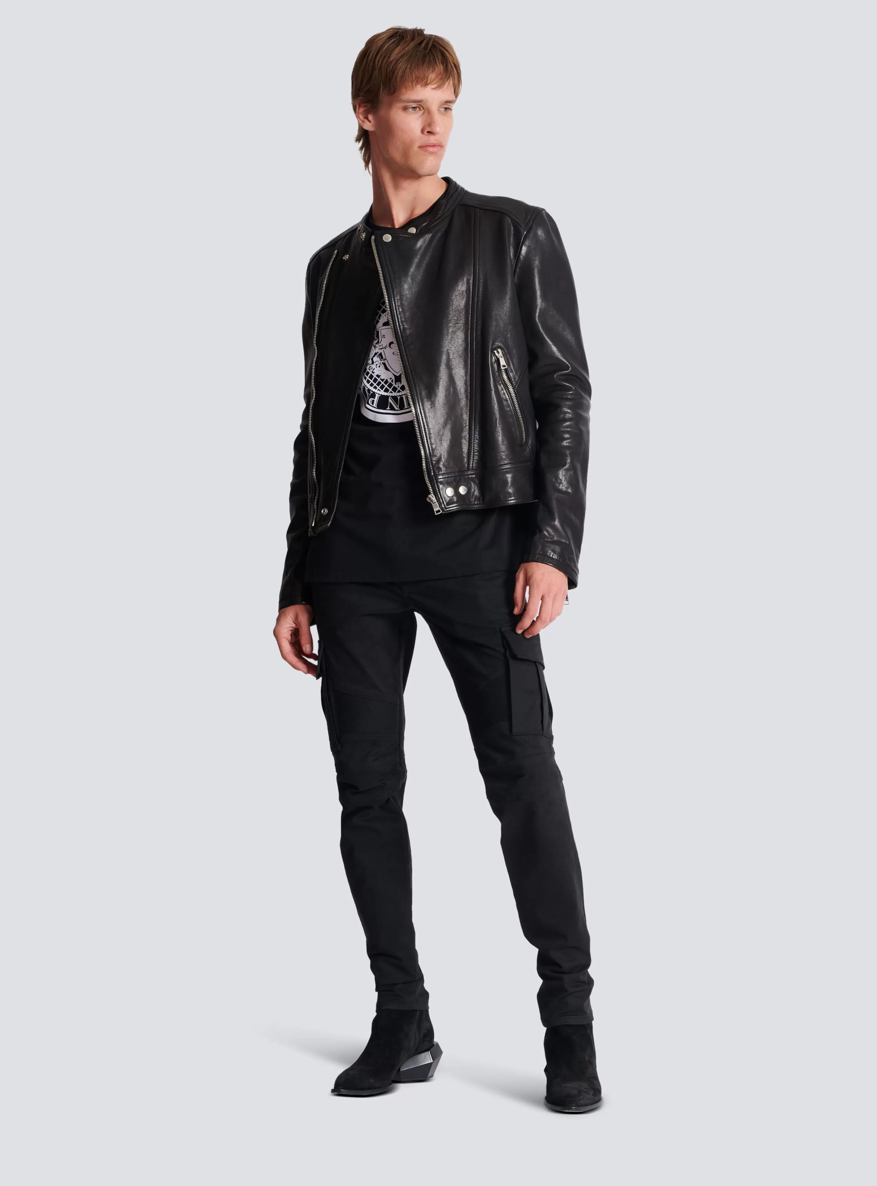 Balmain Capispalla-Zipped Leather Biker Jacket black